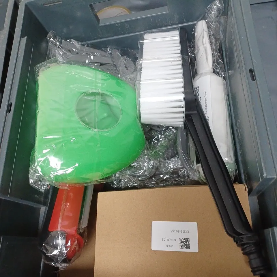 BOX OF APPROXIMATELY 20 ASSORTED HOUSEHOLD ITEMS TO INCLUDE PET BRUSHES, COLLAR AND STATIONARY