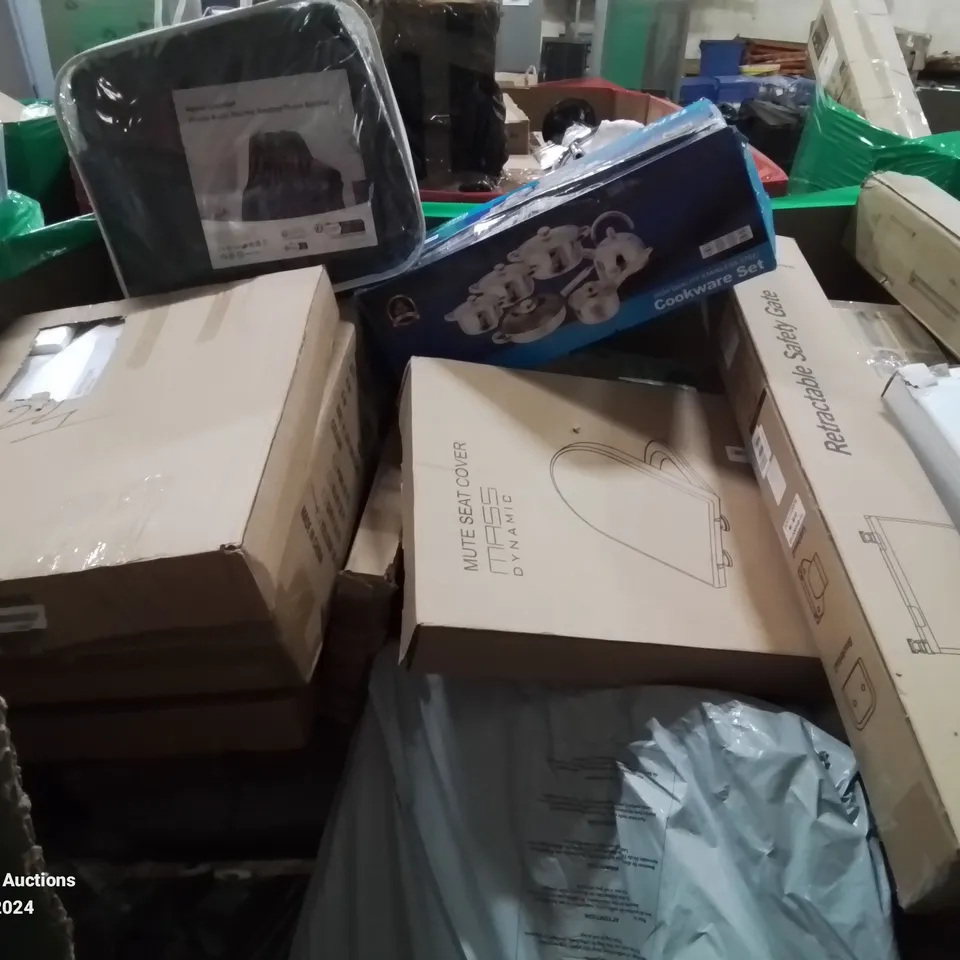 PALLET CONTAINING VARIOUS ASSORTED ITEMS TO INCLUDE: RETRACTABLE GATES, TOILET SEATS, COOKWARE SET, HEATED THROW BLANKET ETC.
