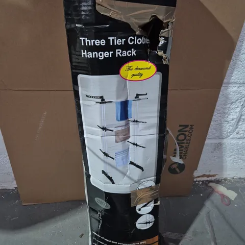 THREE-TIER CLOTHES HANGER RACK – FREE-STANDING, BOXED (DAMAGED PACKAGING)