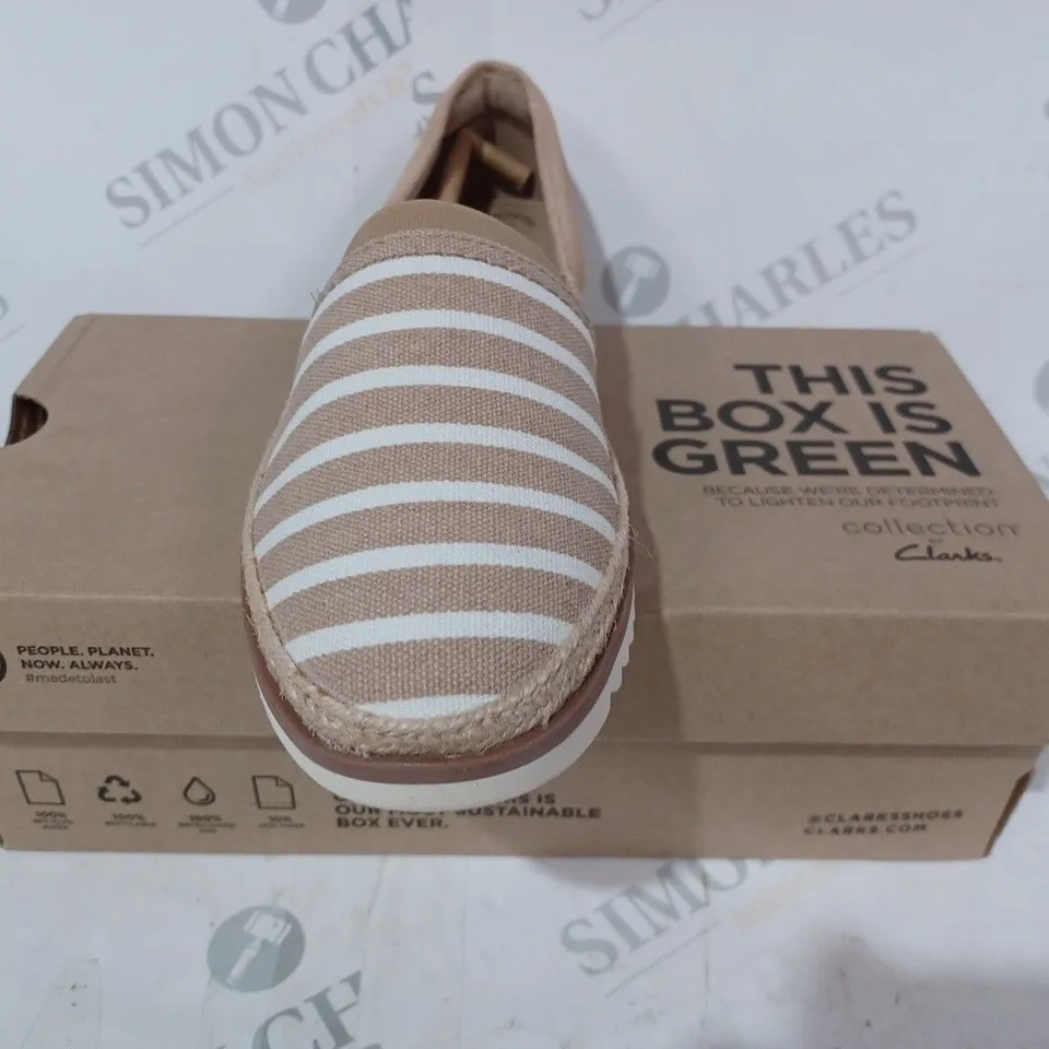 BOXED PAIR OF CLARKS SERENA PAIGE SLIP-ON SHOES IN SAND UK SIZE 3