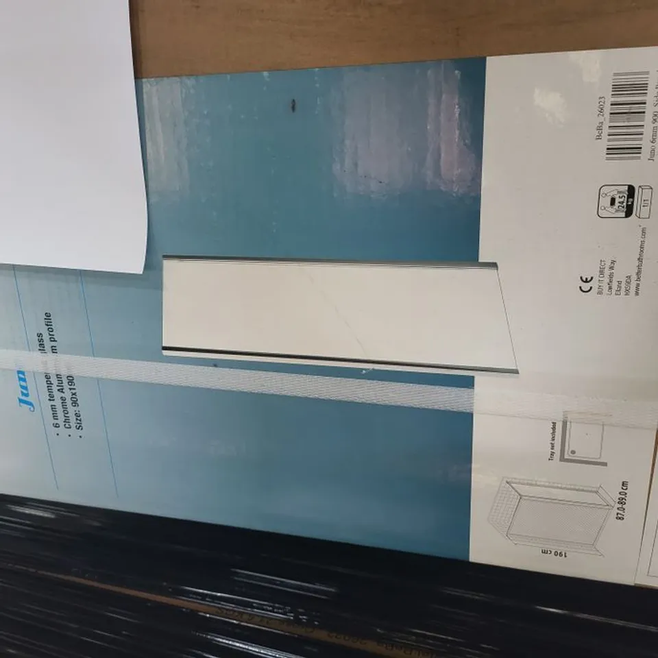 PALLET OF 10 BOXED BRAND NEW JUNO 90X190CM 6MM TEMPERED GLASS CHROME ALUMINIUM PROFILE SIDE PANEL 