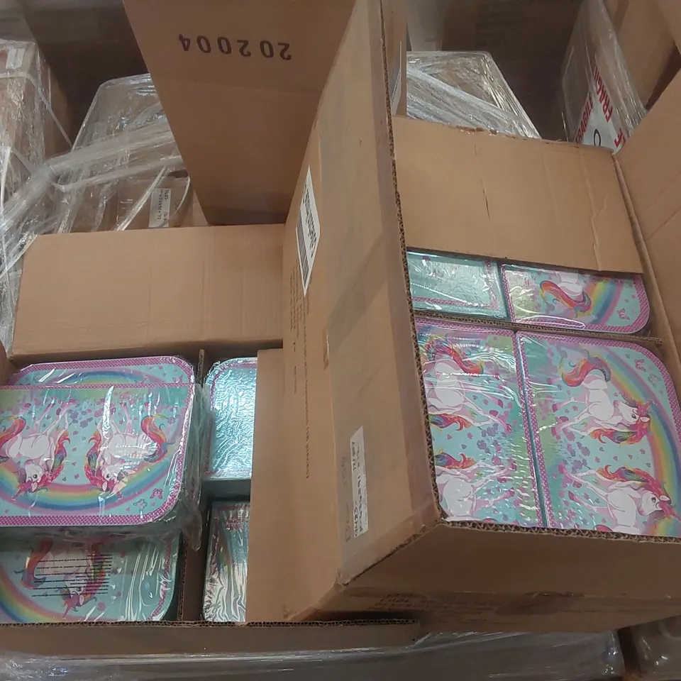PALLET CONTAINING A LARGE QUANTITY OF ASSORTED ITEMS INCLUDING: UNICORN LUNCH BOXES, PLAINANDSIMPLE SWEATPANTS ECT
