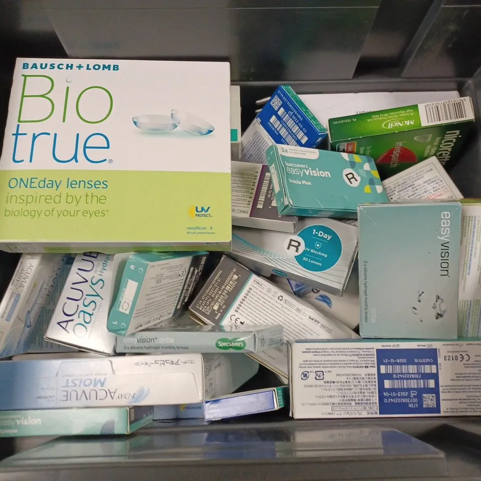 BOX TO CONTAIN APPROX. 25 X ASSORTED VISION CARE PRODUCTS. INCLUDES CONTACT LENSES & SOLUTION ETC. BRANDS VARY - COLLECTION ONLY