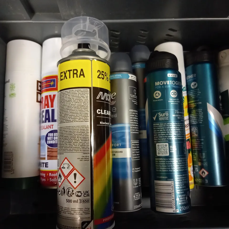 BOX OF APPROXIMATELY 10 ASSORTED AEROSOLS TO INCLUDE DOVE MEN DEODORANT, BATISTE DRY SHAMPOO, MOTIP CLEAR VARNISH - COLLECTION ONLY