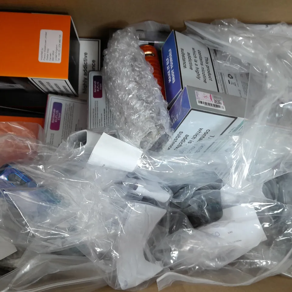 BOX OF APPROXIMATELY 15 ASSORTED E-CIGARETTE/VAPING PRODUCTS - MAKES, MODELS, COLOURS, AND STYLES VARY - COLLECTION ONLY