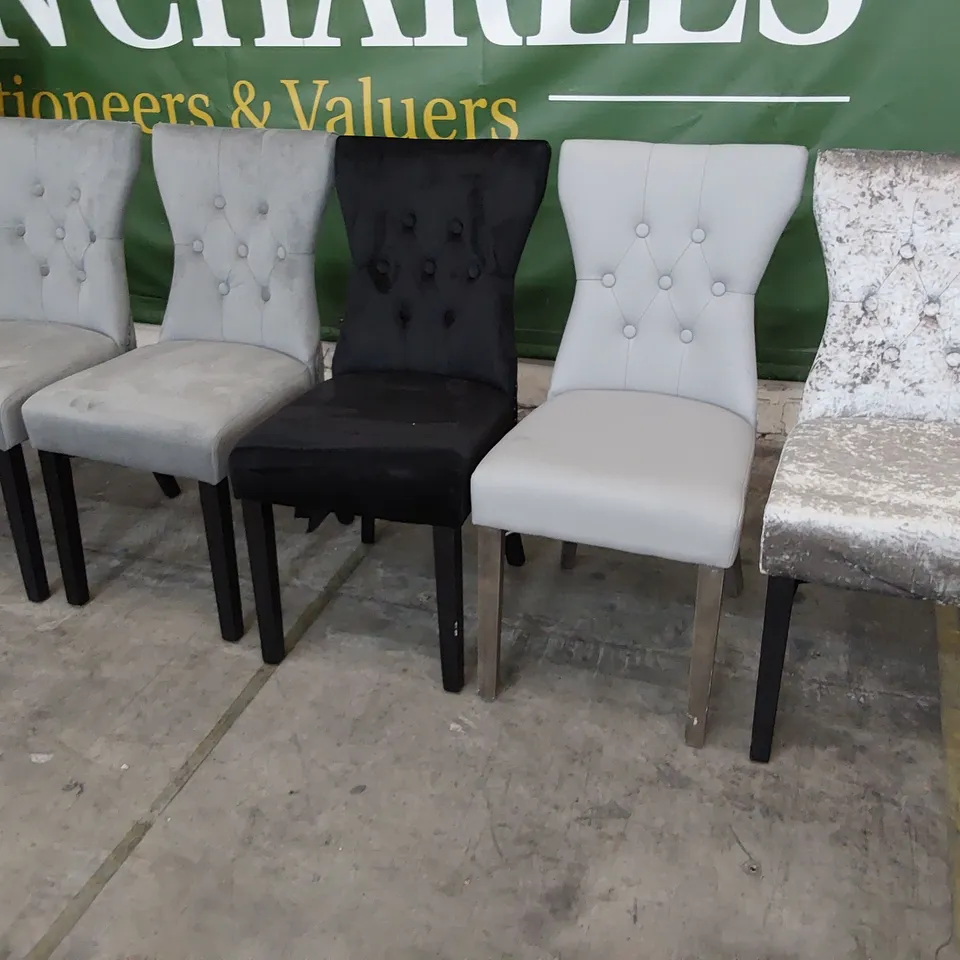 FIVE ASSORTED UPHOLSTERED BUTTONED BACK DINING CHAIRS - 4 RING BACK