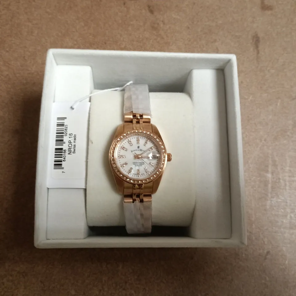 JACQUES DU MANOIR SWISS MADE LADIES' ROSE GOLD TONE WATCH WITH DIAMOND BEZEL – BOXED