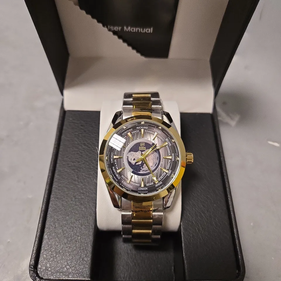 BOXED ERNEST FERDINAND MENS MULTI TONE DIAL BRACELET STRAP WATCH