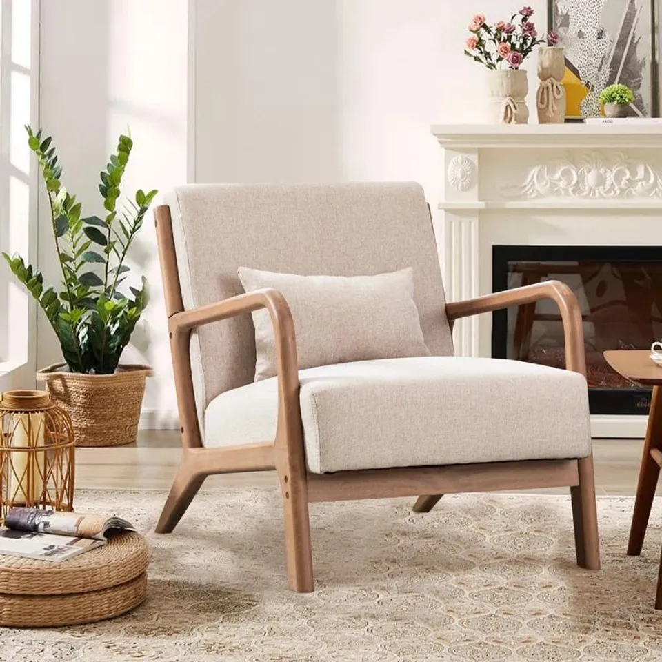 BOXED 66CM MODERN SOLID WOOD FRAME UPHOLSTERED ACCENT CHAIR WITH LUMBAR SUPPORT - BEIGE LINEN