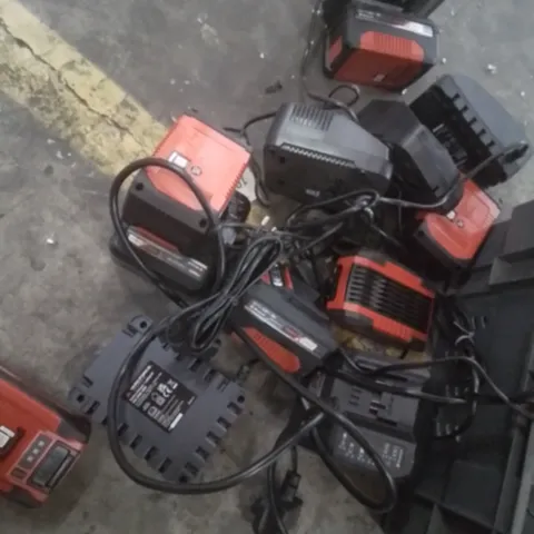 TRAY OF APPROXIMATELY 7 EINHELL BATTERY CHARGERS & BATTERIES