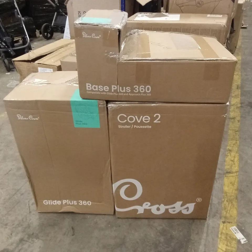 BOXED SILVER CROSS COVE 2 STROLLER, WITH BABY CAR SEAT AND BASE (3 BOXES)