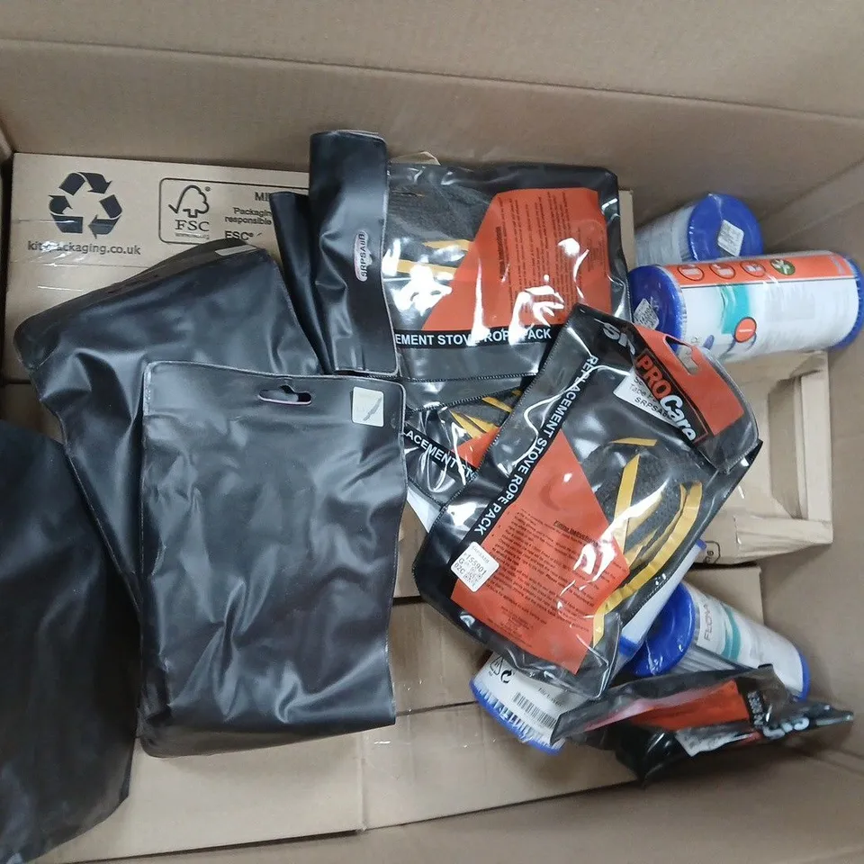 APPROXIMATELY 20 ASSORTED ITEMS TO INCLUDE SELF ADHESIVE FLAT TAPE PACK, FLOWCLEAR FILTER, SAW BLADE, ETC