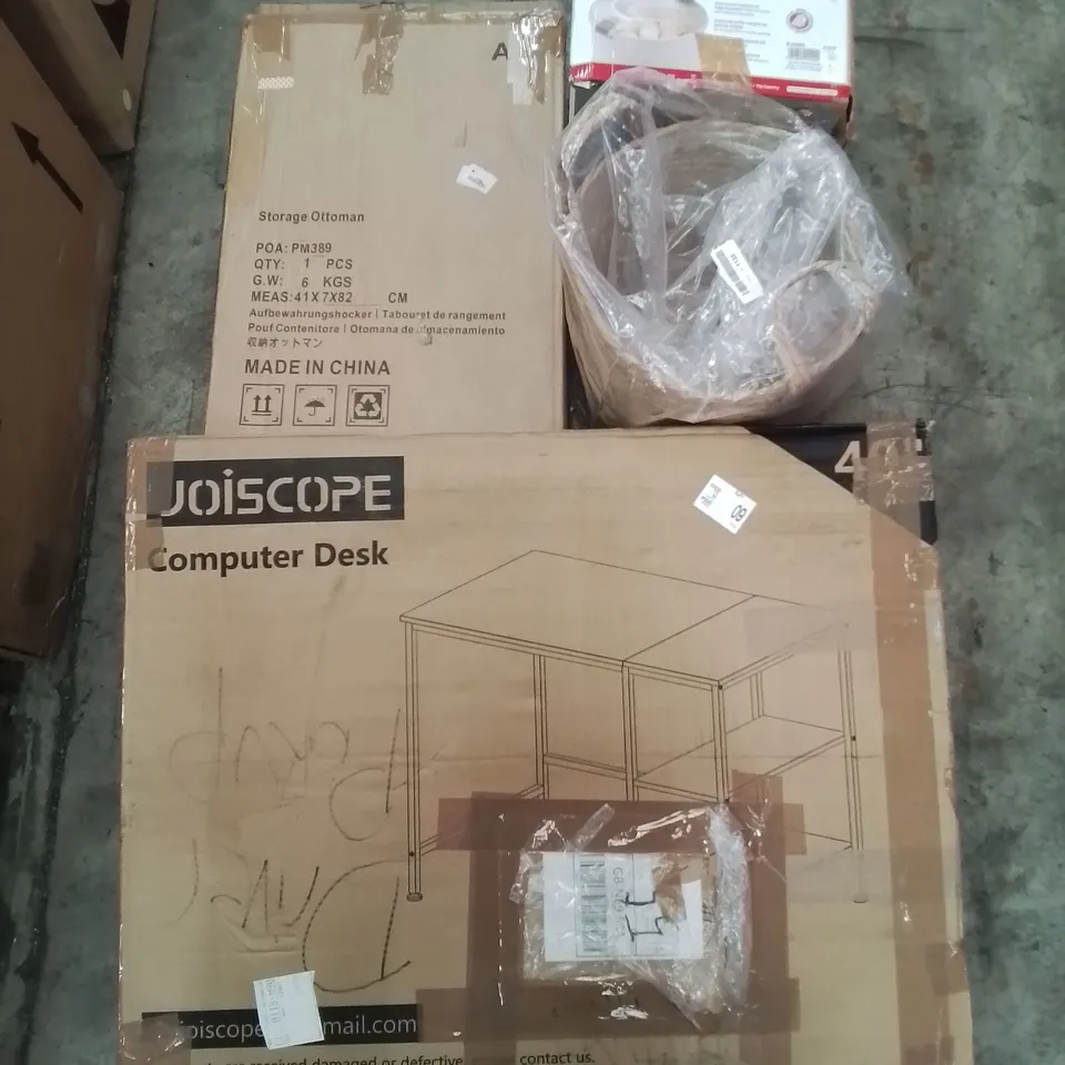 PALLET OF ASSORTED ITEMS INCLUDING STORAGE OTTOMAN, COMPUTER DESK, ELECTRIC POTATO PEELER, WICKER BASKET, OFFICE CHAIR