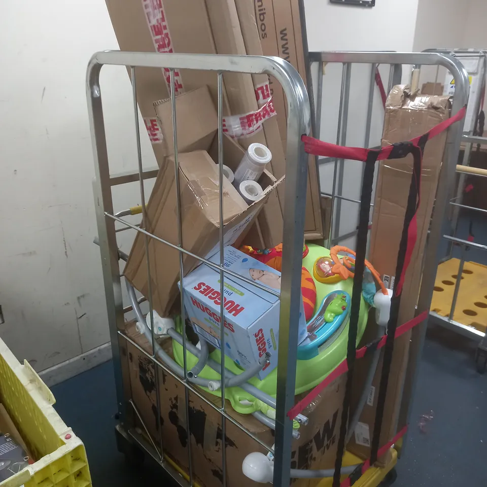 CAGE OF ASSORTED HOUSEHOLD ITEMS TO INCLUDE STIHL TS410, ARTHOUSE WALL PAPER ROLLS, HUGGIES PURE PLASTIC WIPES, FISHERPRICE BABY ACTIVITY STATION, AND VARIED PHOTOFRAMES ETC. 