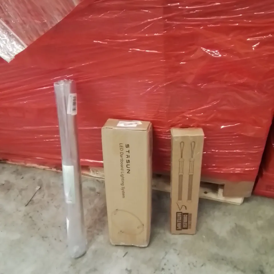 PALLET OF ASSORTED HOUSEHOLD GOODS AND PRODUCTS TO INCLUDE;CORDLESS BATTLE ROPE,LED LIGHTING SYSTEM FOR DARTBOARD,PVC TABLE CLOTH 