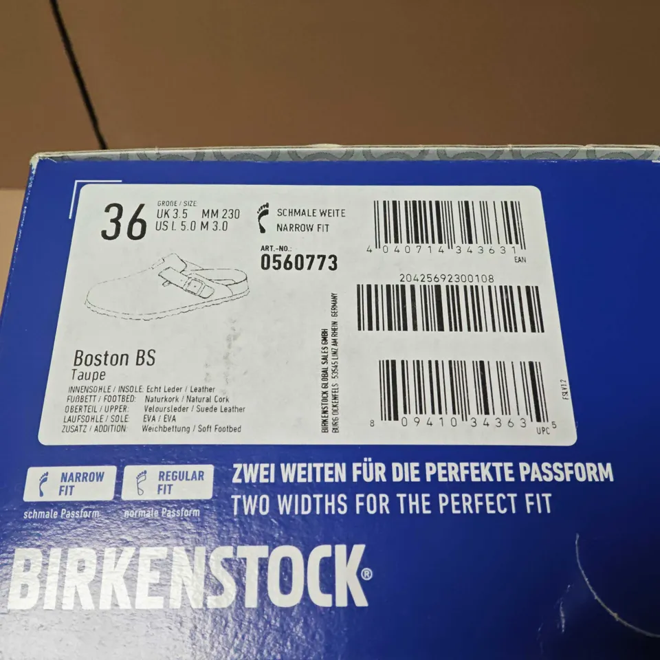BOXED BIRKENSTOCK BOSTON BS TAUPE – UK 3.5 (EU 36) NARROW FIT