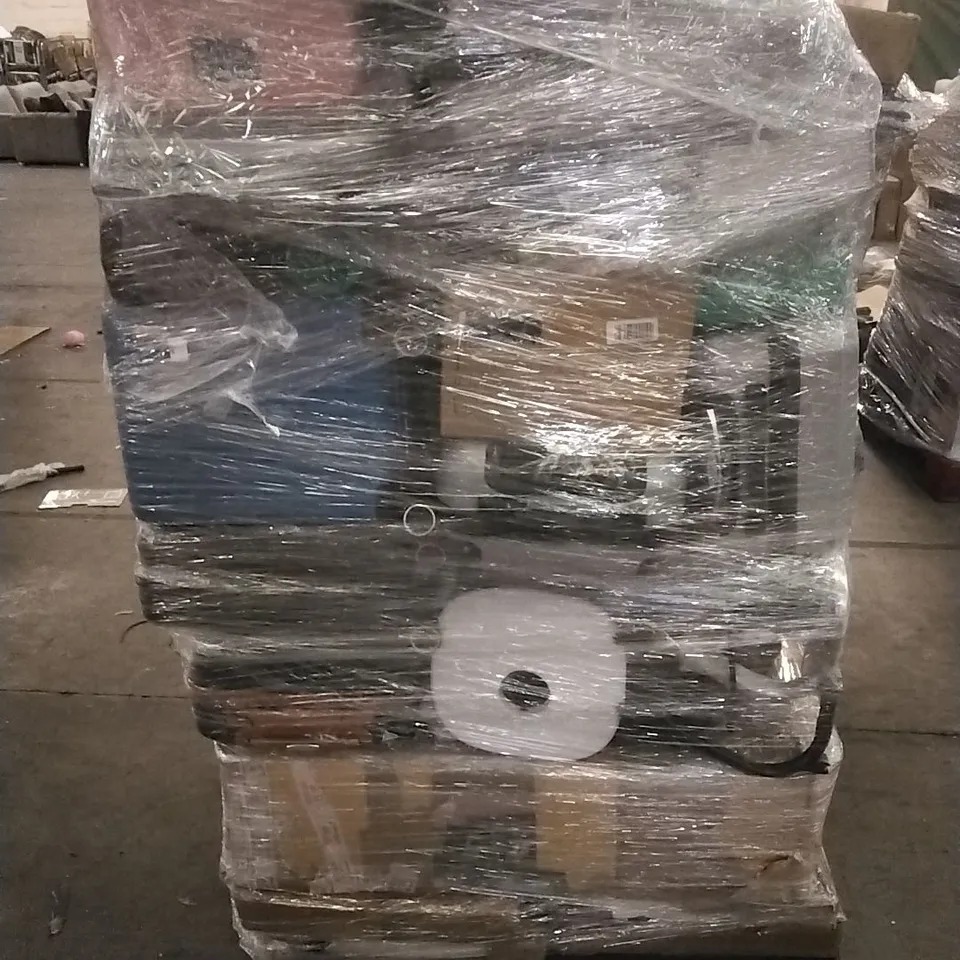 PALLET CONTAINING A LARGE QUANTITY OF ASSORTED HOUSEHOLD GOODS WHICH INCLUDE; HOOVERS, CUSHIONED GRAVITY CHAIR, PARASOL BASE, SUITCASES ETC