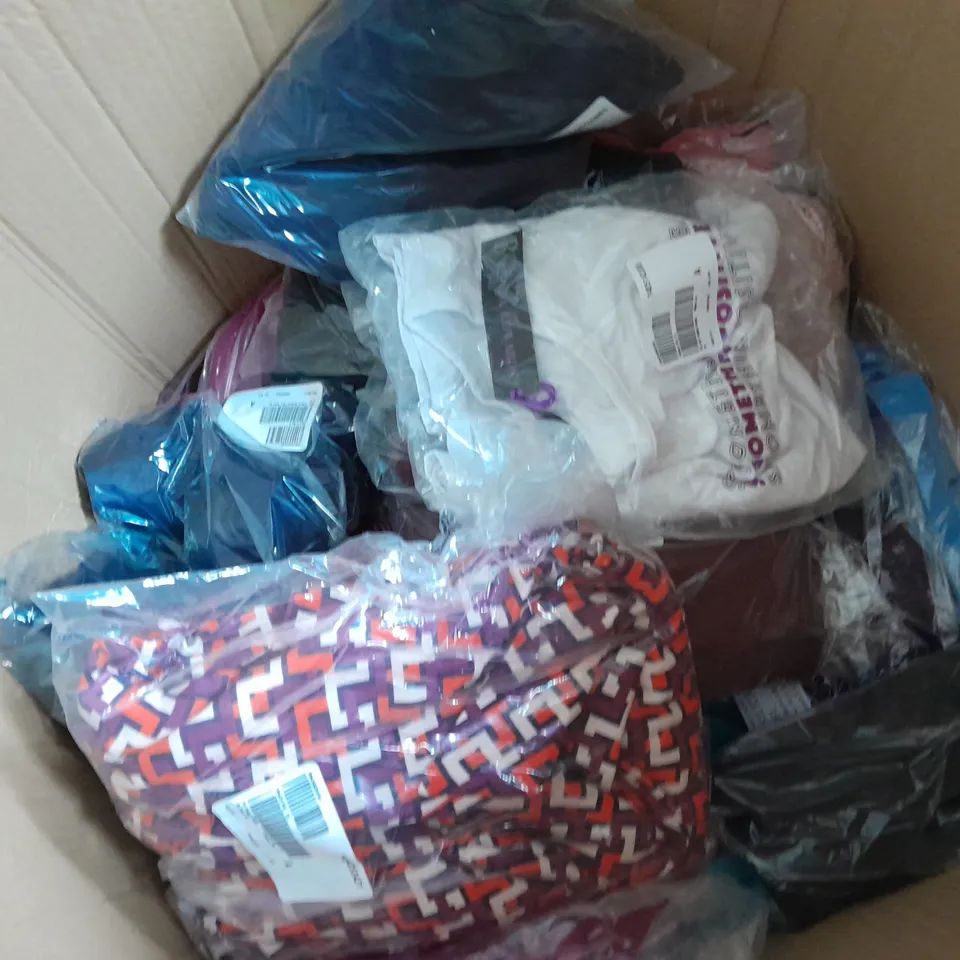 BOX OF APPROXIMATELY 13 ASSORTED CLOTHING ITEMS IN VARIOUS COLOURS , SIZES & STYLES