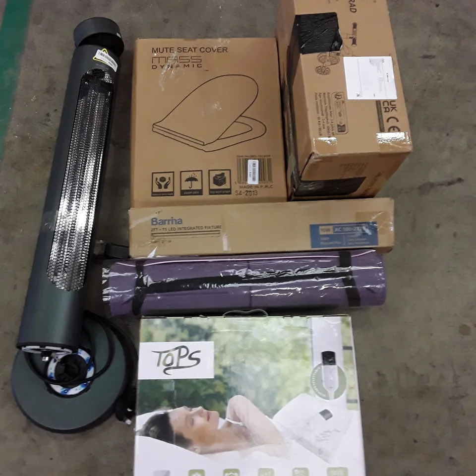 PALLET OF ASSORTED PRODUCTS INCLUDING KIDS TRICYCLE, TOILET SEAT, YOGA MAT, LED INTEGRATED FIXTURE, HEATED THROW