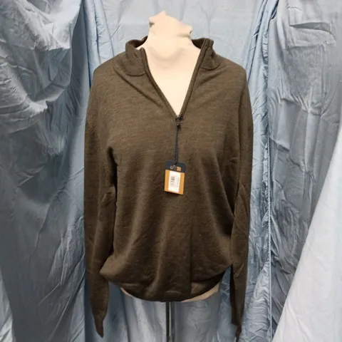 CHARLES TYRWHITT MERINO ZIP NECK JUMPER – OLIVE GREEN MELANGE (MERINO EXTRA FINE) - SIZE L