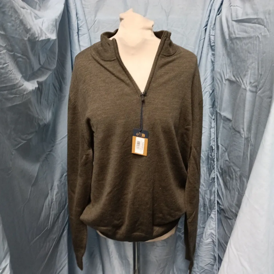 CHARLES TYRWHITT MERINO ZIP NECK JUMPER – OLIVE GREEN MELANGE (MERINO EXTRA FINE) - SIZE L