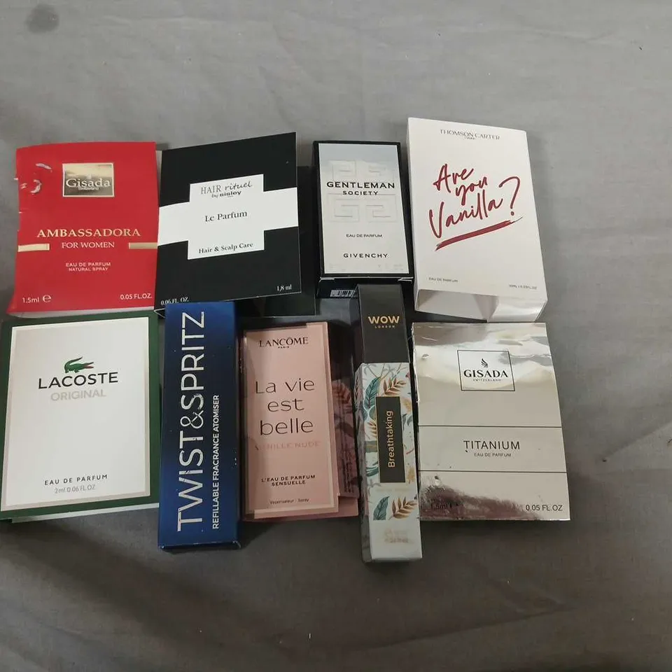 LARGE QUANTITY OF ASSORTED SAMPLE AND TESTER FRAGRANCES TO INCLUDE; GISADA, THOMPSON CARTER, LACOSTE, LANCOME AND PRADA