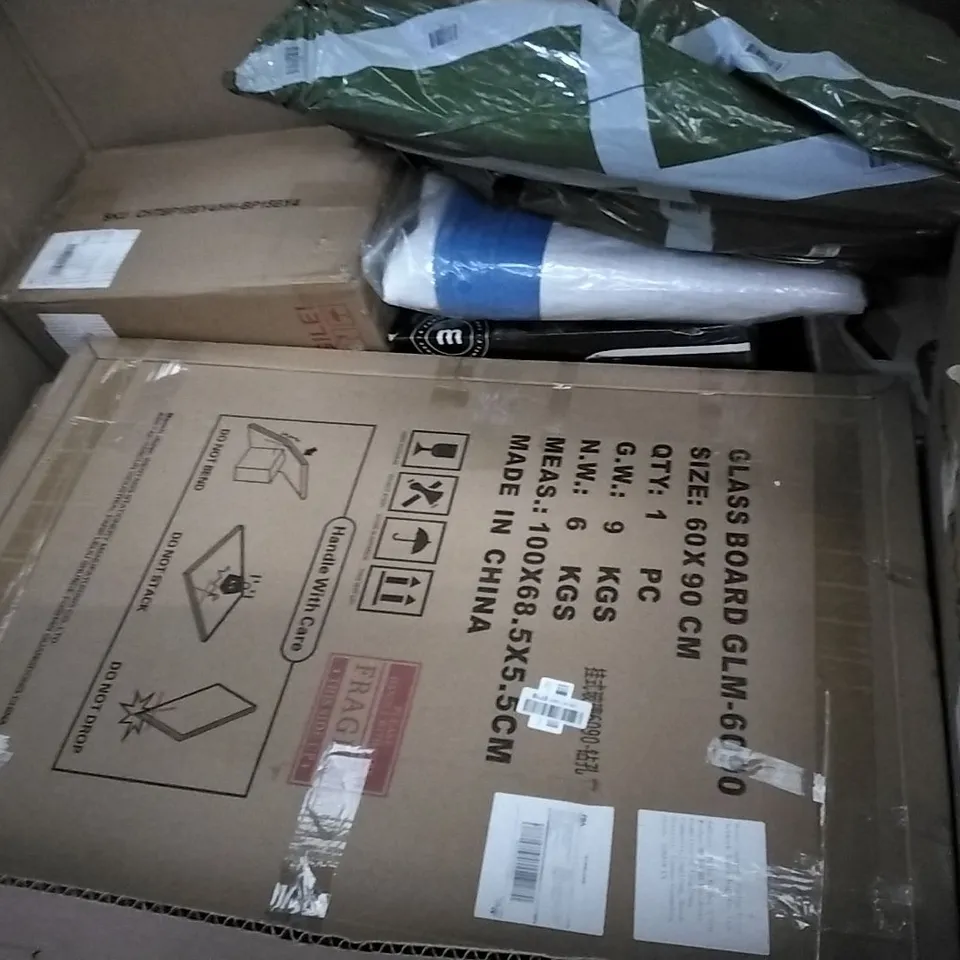 PALLET OF ASSORTED ITEMS INCLUDING OVERMONT OAR, SOFA TABLE, SMALL END TABLE, METAL GAZEBO, STORAGE STOOL, SKYLIGHT NONSTICK WOK PAN