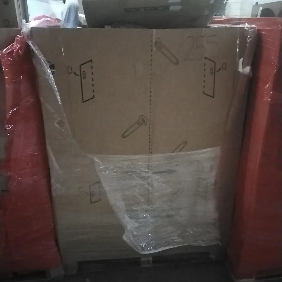 PALLET OF ASSORTED HOUSEHOLD GOODS AND PRODUCTS TO INCLUDE; BLINDS, AIR CONDITIONER, PUZZLE ACCESSORIES, BOXED FURNITURE ETC
