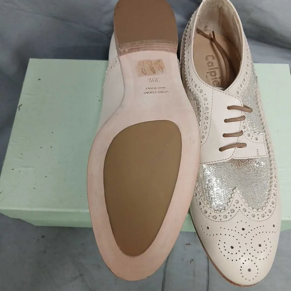 CALPIERRE WOMEN'S DESIGNER BROGUE SHOES – CREAM LEATHER WITH SILVER GLITTER PANELS, UK 6.5 (EU 39.5)