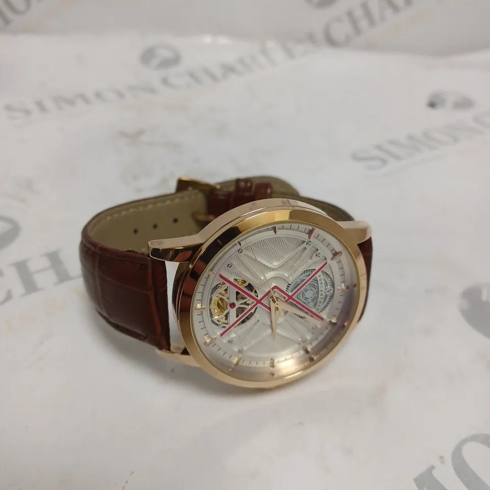 MENS VONLANTHEN AUTOMATIC WATCH – SILVER AND RED TEXTURED DIAL – ROSE GOLD COLOUR CASE - GLASS EXHIBITION BACKCASE – BROWN LEATHER STRAP