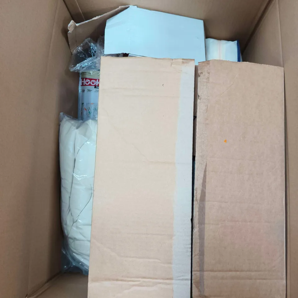 BOX OF APPROXIMATELY 15 ASSORTED CLOTHING ITEMS INCLUDING EMERICO 2 IN 1 LONG SLEEVE SHEER FRILL TOP, NEOMI DETANGLER HAIR BRUSH AND A HOOKLESS FABRIC SHOWER CURTAIN