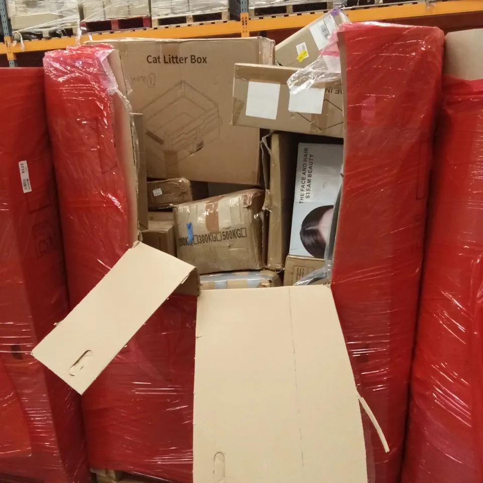 PALLET OF ASSORTED HOUSEHOLD GOODS AND PRODUCTS TO INCLUDE; CAT LITTER BOX, FACIAL AND HAIR STEAMER, AIR COOLER ETC
