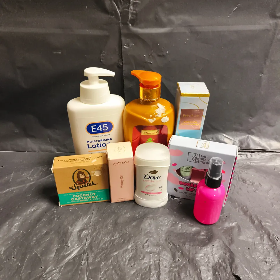 APPROXIMATEY 20 ASSORTED HEALTH AND BEAUTY PRODUCTS TO INCLUDE - DOVE DEODORANT - E45 LOTION - DR SQUATCH SOAP - ETC