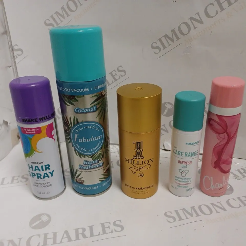 BOX OF APPROX 15 ASSORTED AEROSOLS TO INCLUDE MILLION BODY SPRAY, FOAM FRESHENER, UNIQUE HAIR SPRAY - COLLECTION ONLY 