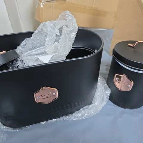 TWO-PIECE BREAD AND BISCUIT TIN BLACK METAL STORAGE CANISTER SET WITH COPPER HANDLES