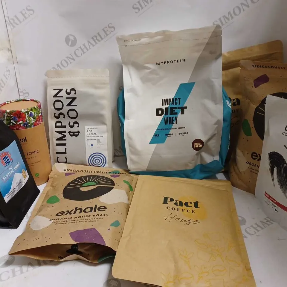 LOT OF APPROXIMATELY 9 ITEMS TO INCLUDE MYPROTEIN IMPACT DIET WHEY POWDER (COOKIES&CREAM - 1KG), EXHALE ORGANIC HOUSE ROAST (450g), RHEAL SUPERFOODS ORGANIC SUPERFOOD BLEND (BALANCE TONIC), ETC