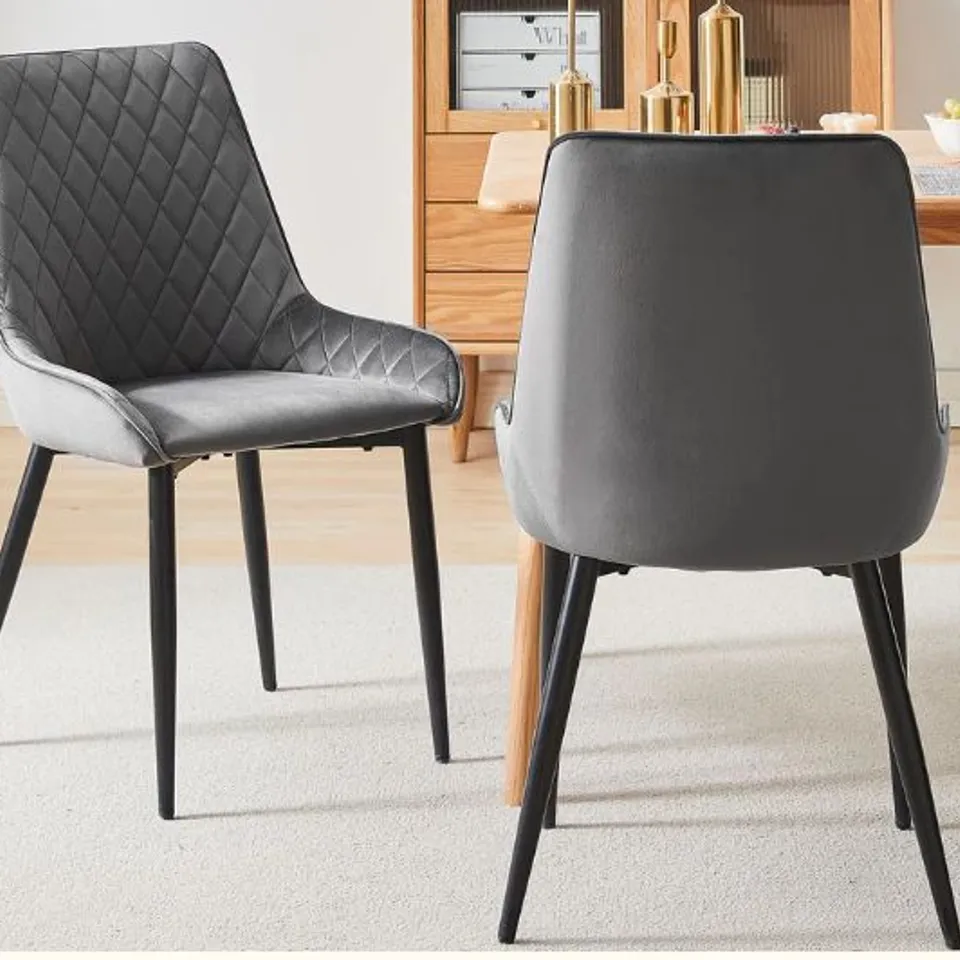 BOXED ARIM SET OF TWO GREY VELVET DIAMOND STITCH UPHOLSTERED DINING CHAIRS