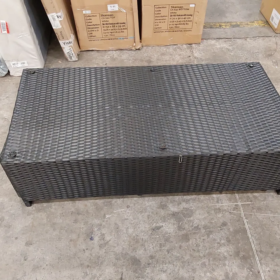 DESIGNER BLACK RATTAN COFFEE TABLE WITH UNDERSIDE FOOTSTOOLS - MISSING GLASS TOP