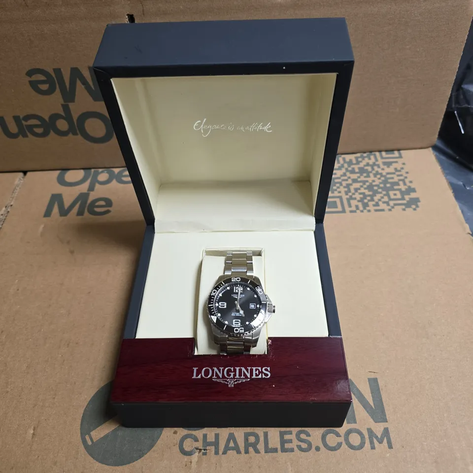 LONGINES STAINLESS STEEL WRISTWATCH – BLACK DIAL, DATE, BOXED