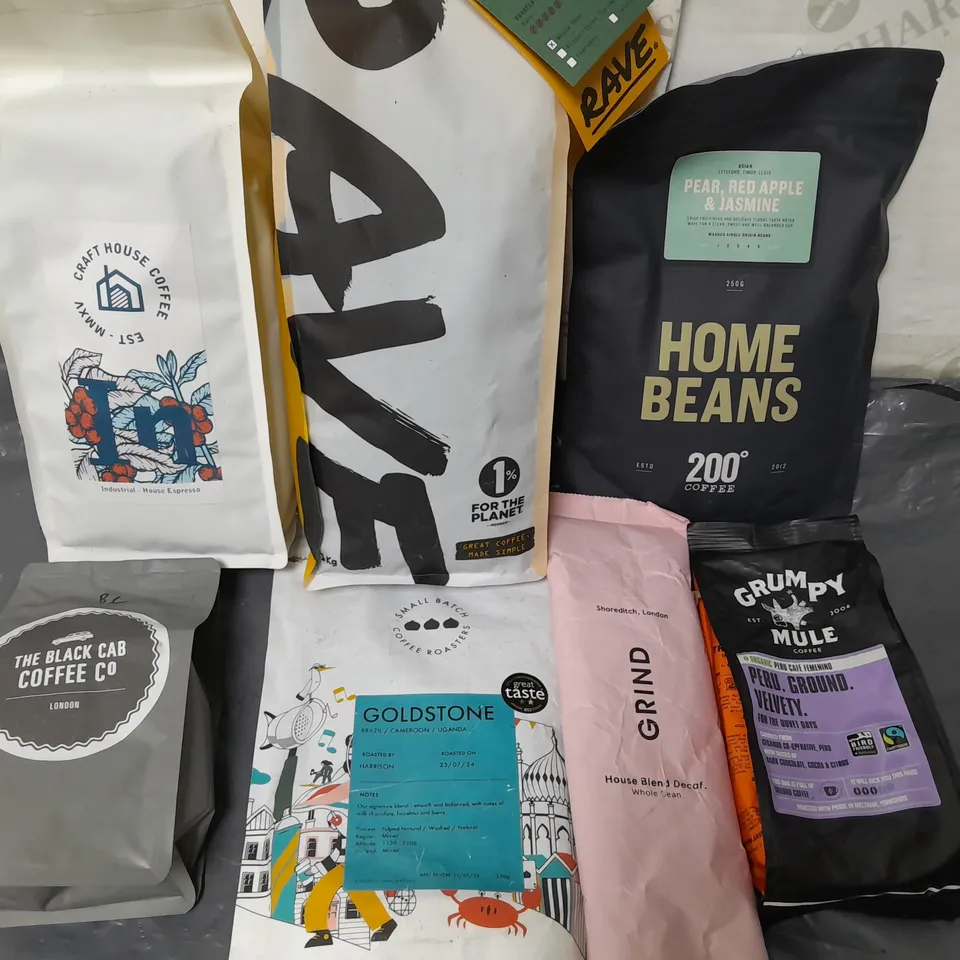 LOT OF 7 ASSORTED PACKS OF COFFEE TO INCLUDE RAVE AND GRUMPY MULE