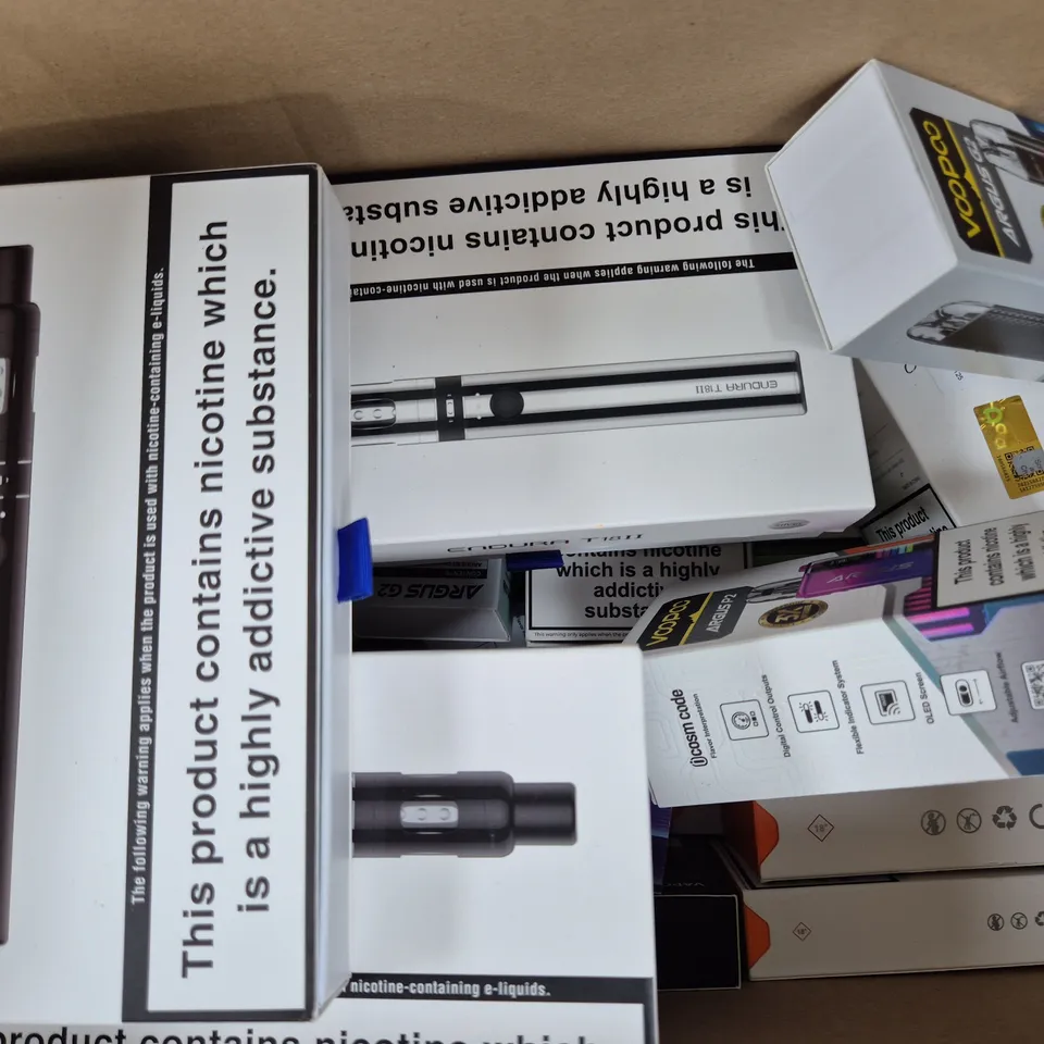 BOX OF APPROXIMATELY 20 ASSORTED VAPING ITEMS AND PRODUCTS TO INCLUDE VAPORESSO, ASPIRE, ETC