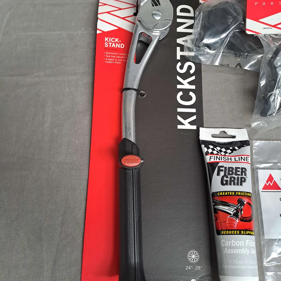 LOT OF 9 ASSORTED M-PART CYCLING ITEMS TO INCLUDE KICKSTAND, BELLS AND DERAILLEUR HANGER