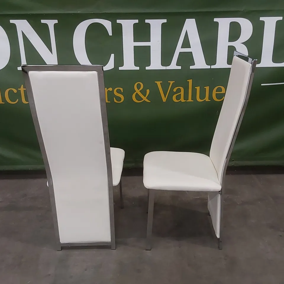 SET OF 2 CELESTE WHITE LEATHER AND CHROME DINING CHAIRS 