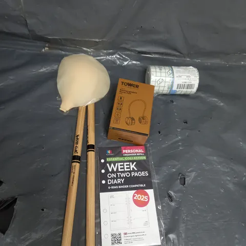 APPROXIMATELY 20 ASSORTED HOUSEHOLD ITEMS TOO INCLUDE , DRUMSTICKS , TWO PAGE DIARY , NECK FAN , ETC
