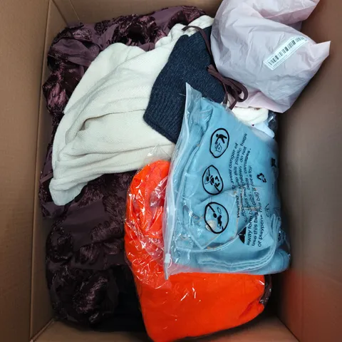 LARGE BOX OF APPROXIMATELY 25 ASSORTED CLOTHING ITEMS IN VARIOUS COLOURS, STYLES AND SIZES - COLLECTION ONLY