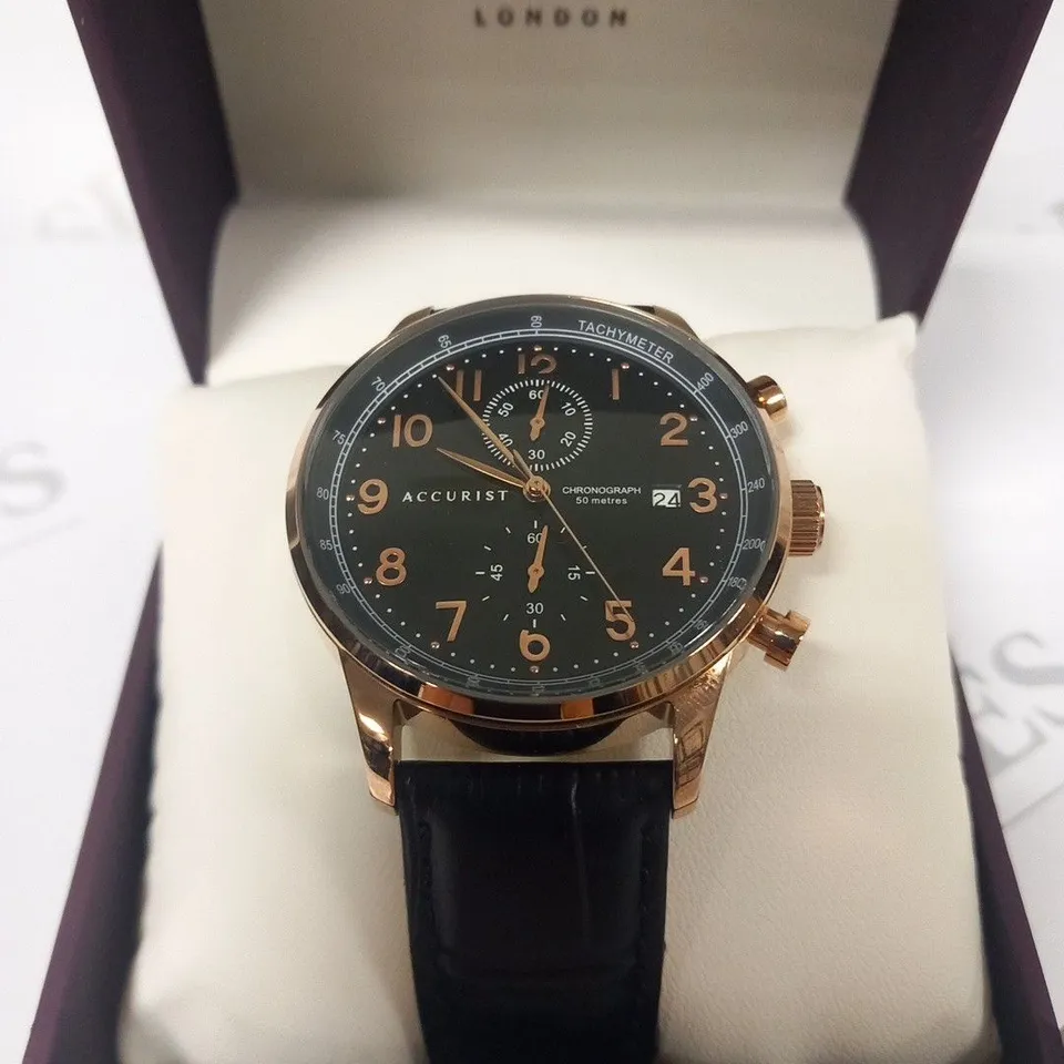 BOXED ACCURIST BLACK LEATHER WRIST WATCH WITH GOLD CASING