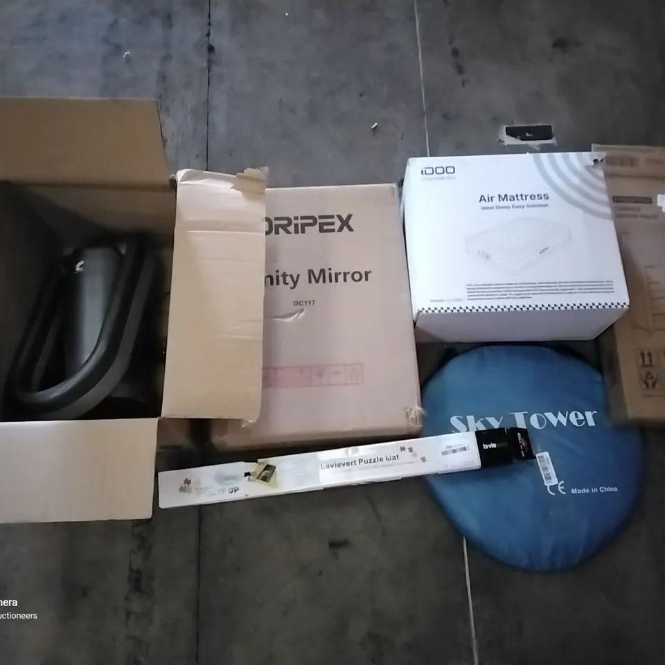 PALLET OF ASSORTED ITEMS INCLUDING CANVAS SHOD RACK, IDOO AIR MATTRESS, SKY TOWER POPUP TENT, DRIPEX VANITY MIRROR,  LAVIEVERT PUZZLE MAT, BLADLESS FAN