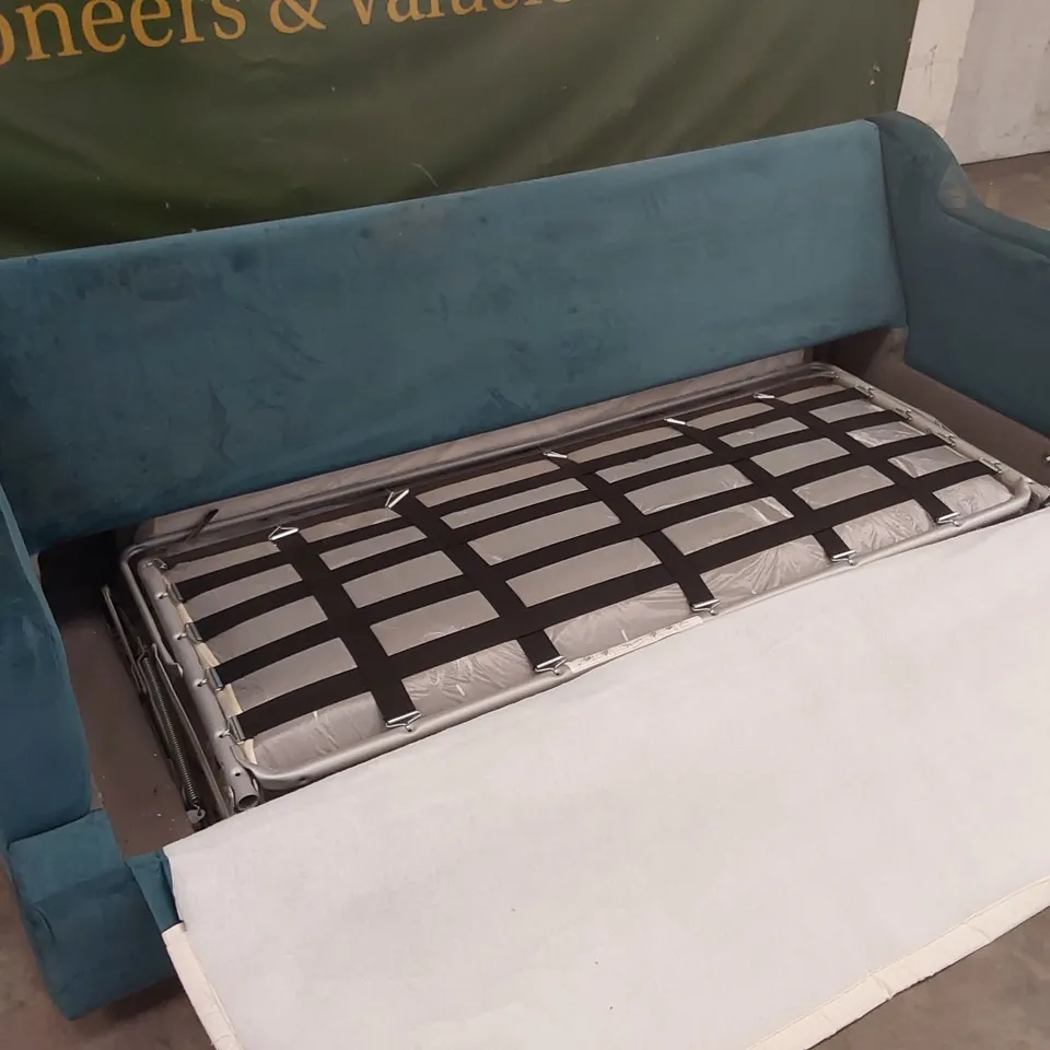 QUALITY DESIGNER 3 SEATER APPLEDOE SOFA BED - TEAL VELVET