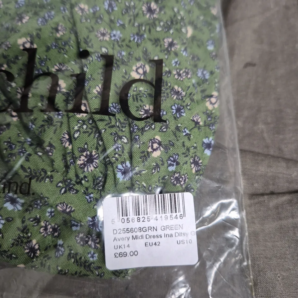 NOBODY'S CHILD AVERY MIDI DRESS – GREEN DITSY PRINT, UK14