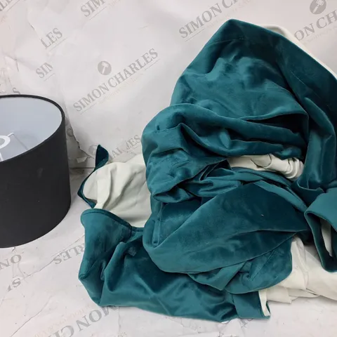 LARGE BOX OF HOUSEHOLD ITEMS TOO INCLUDE LAMP SHADES , CURTAINS AND GLUE STICKS